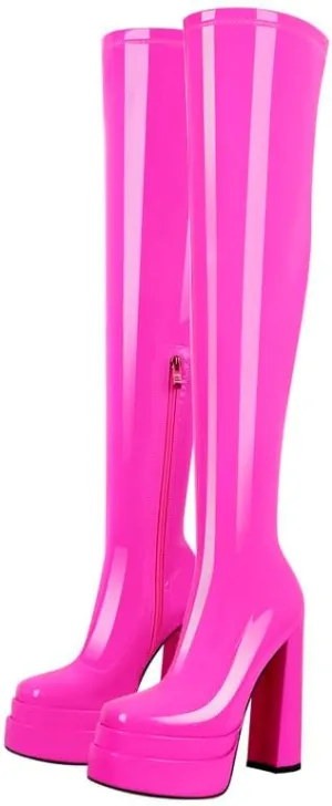 onlymaker Women's Chunky High Heeled Double Platform Zip up Over the Knee Boots