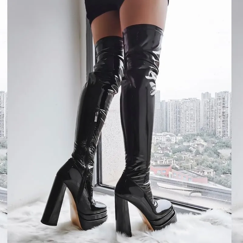 onlymaker Women's Chunky High Heeled Double Platform Zip up Over the Knee Boots