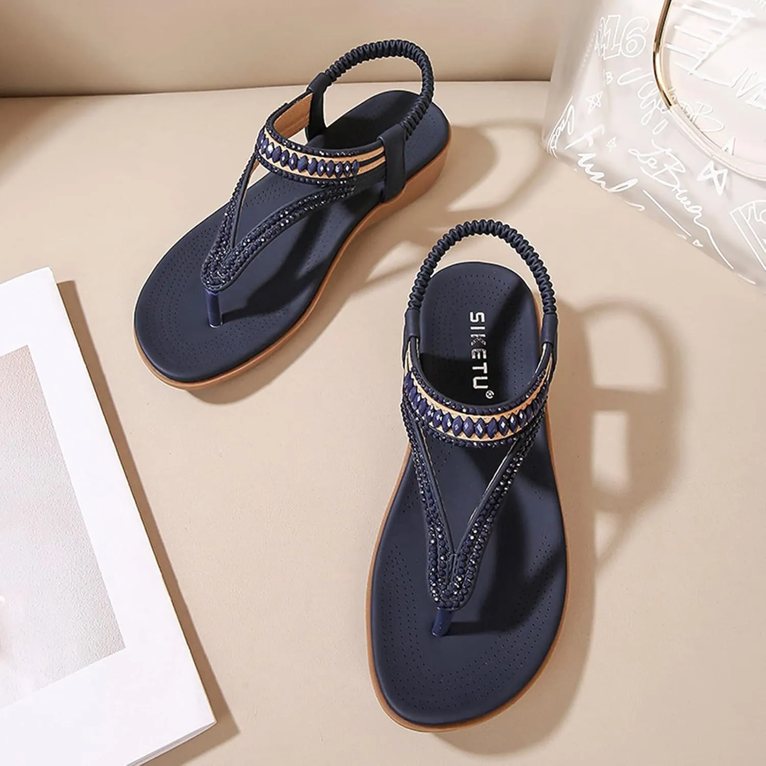 peqiut Sandals for Women Bohemian Beach Flip Flops Thick Soled Slippers Outdoor Breathable Womens Sandals