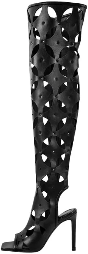 Richealnana Women's Square Toe Cut Out Peep Toe Over The Knee Boots High Heel Sexy Long Boots