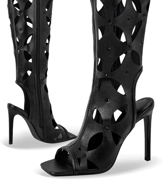 Richealnana Women's Square Toe Cut Out Peep Toe Over The Knee Boots High Heel Sexy Long Boots