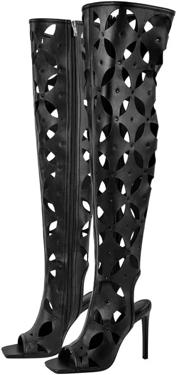Richealnana Women's Square Toe Cut Out Peep Toe Over The Knee Boots High Heel Sexy Long Boots