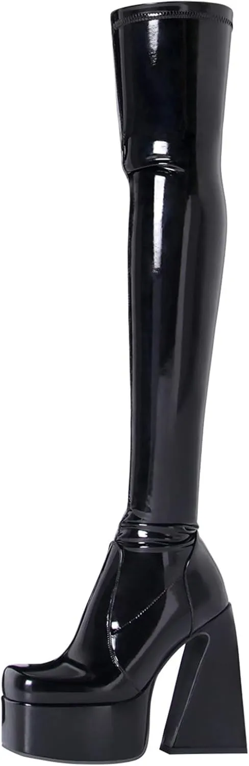 Roimaash Women's Thigh High Heels Latex Boots Over-the-knee Boots High Knee Boots Platform Stretch