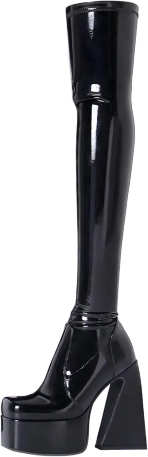 Roimaash Women's Thigh High Heels Latex Boots Over-the-knee Boots High Knee Boots Platform Stretch
