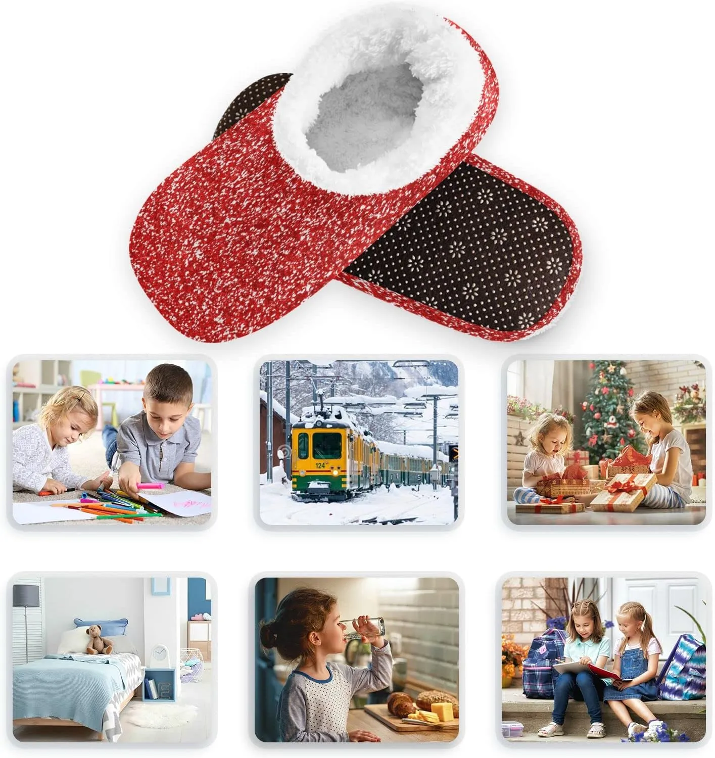 Ruby Red Color Glitter Sparkle Slippers for Kids Home House Fuzzy Slipper Indoor Soft Plush Fleece Non Slip Casual Shoes for Boys Girls, XS