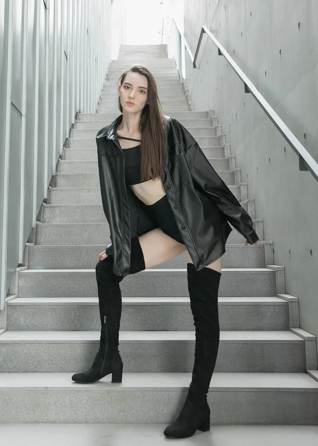 Shoe'N Tale Women Stretch Suede Chunky Block Heel Thigh High Over The Knee Boots