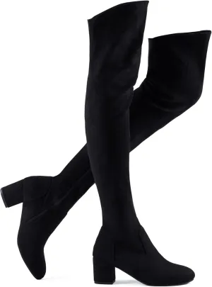 Shoe'N Tale Women Stretch Suede Chunky Block Heel Thigh High Over The Knee Boots
