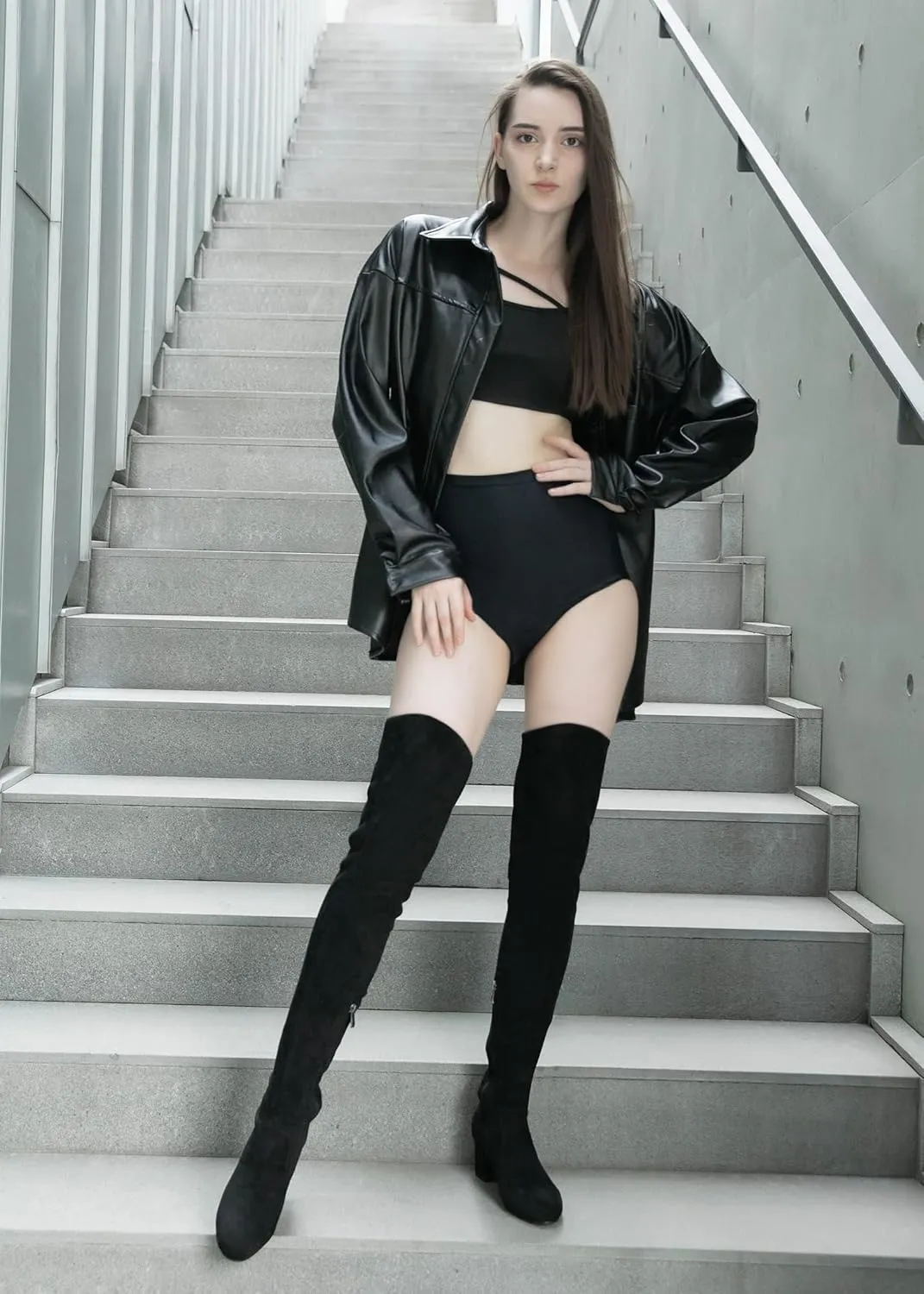 Shoe'N Tale Women Stretch Suede Chunky Block Heel Thigh High Over The Knee Boots