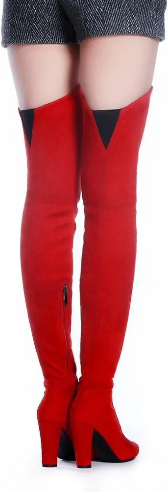 Shoe'N Tale Women Stretch Suede Chunky Heel Over The Knee Boots Thigh High for Women