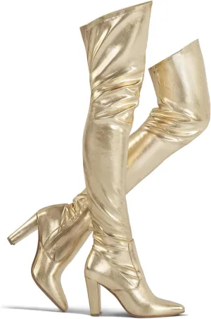 Shoe'N Tale Women Stretch Suede Chunky Heel Over The Knee Boots Thigh High for Women