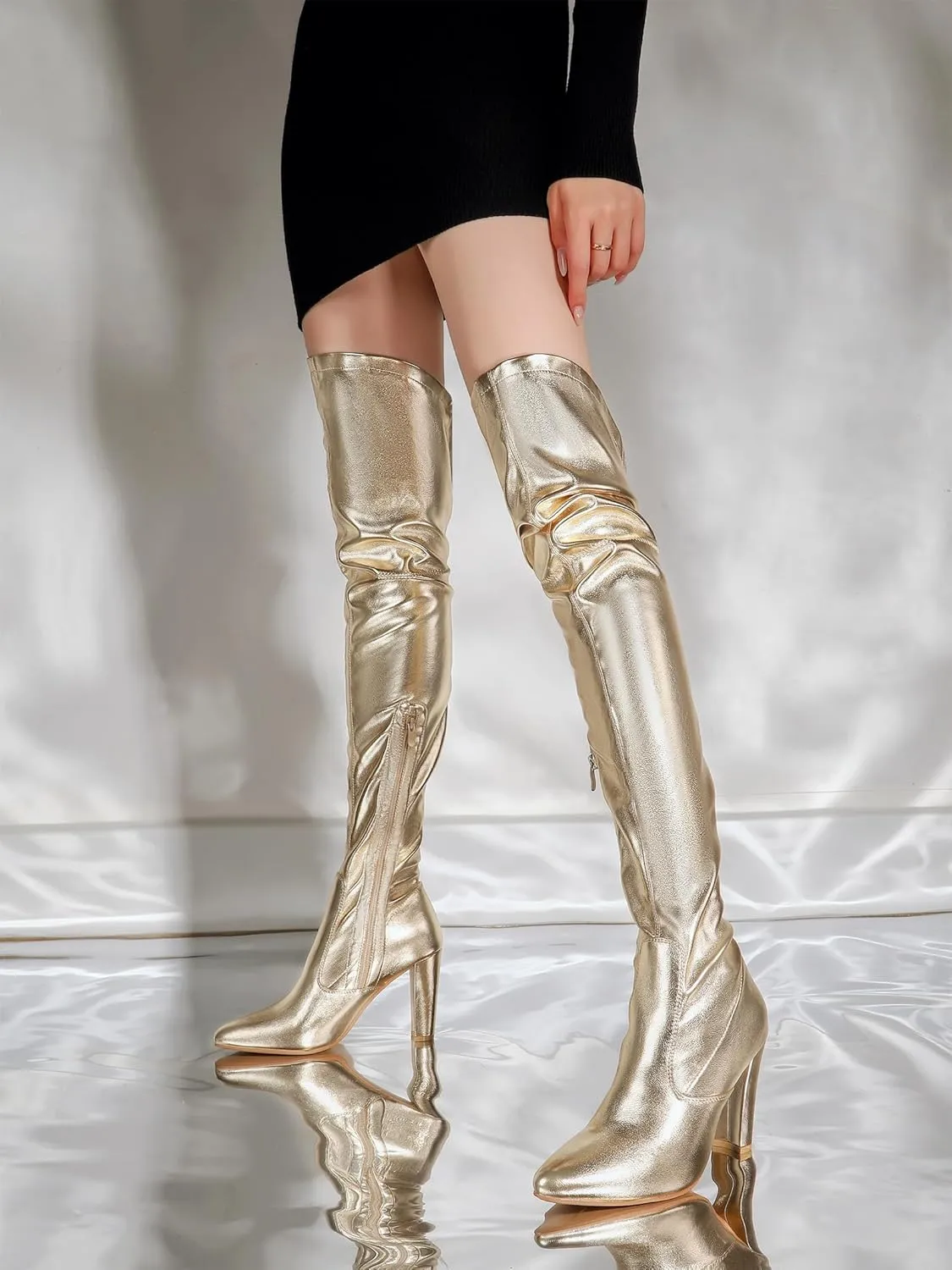 Shoe'N Tale Women Stretch Suede Chunky Heel Over The Knee Boots Thigh High for Women