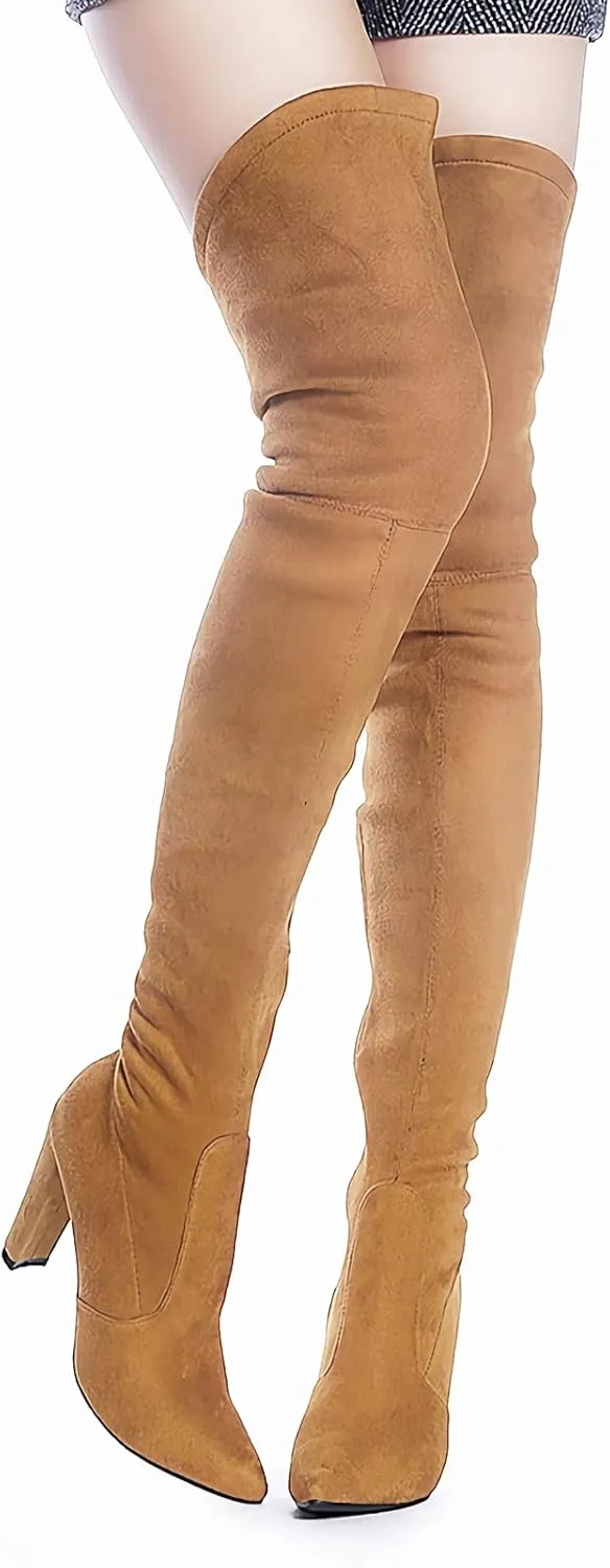 Shoe'N Tale Women Stretch Suede Chunky Heel Over The Knee Boots Thigh High for Women
