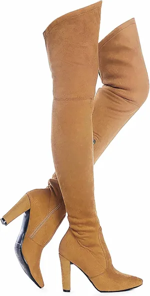 Shoe'N Tale Women Stretch Suede Chunky Heel Over The Knee Boots Thigh High for Women