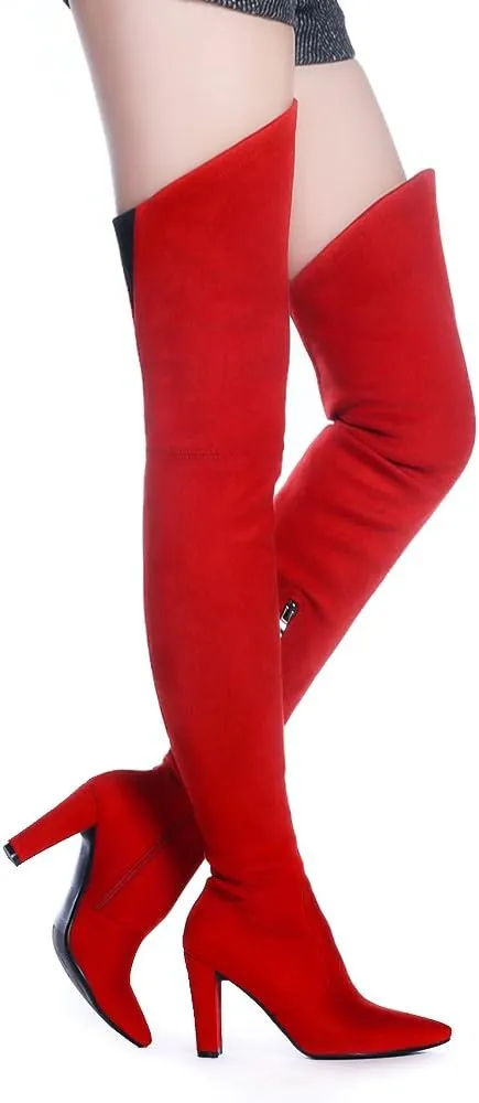 Shoe'N Tale Women Stretch Suede Chunky Heel Over The Knee Boots Thigh High for Women