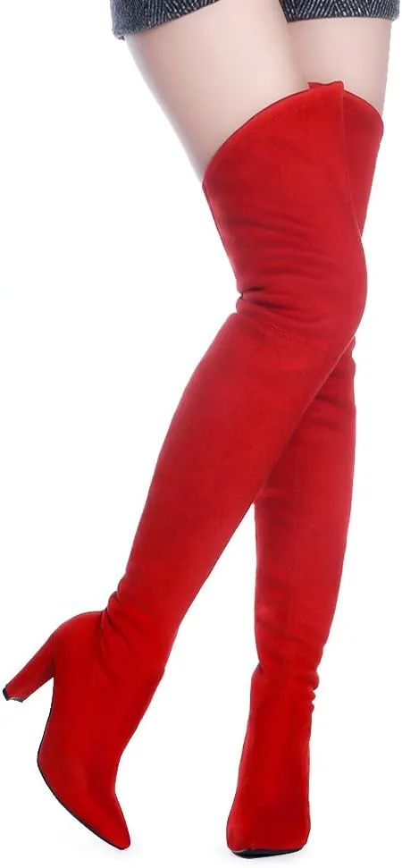 Shoe'N Tale Women Stretch Suede Chunky Heel Over The Knee Boots Thigh High for Women