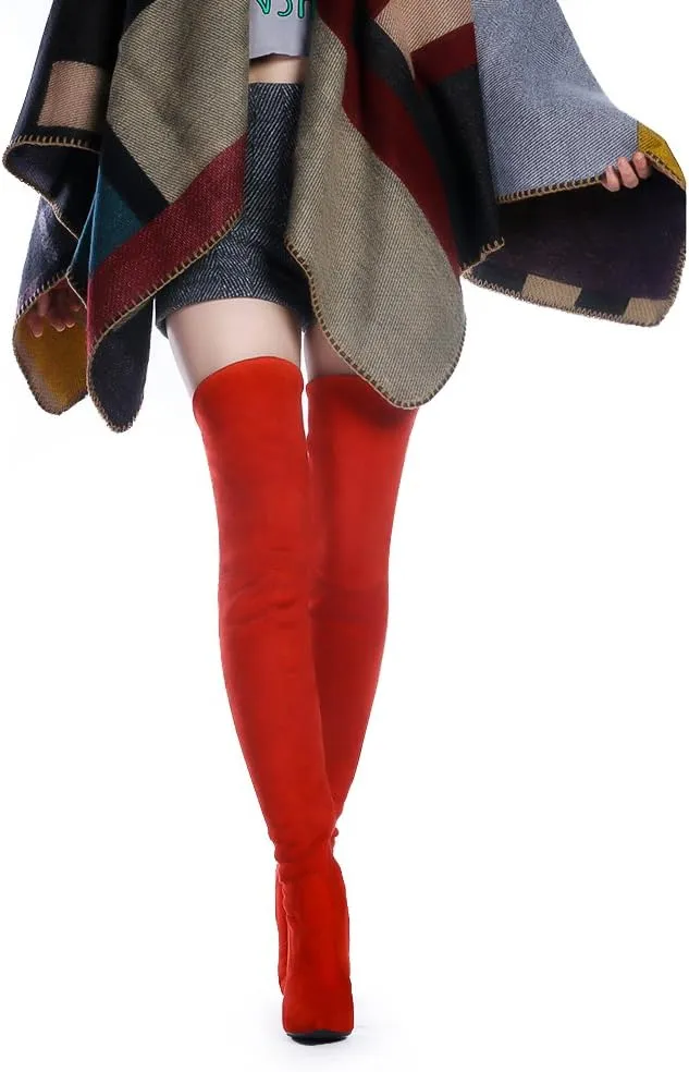 Shoe'N Tale Women Stretch Suede Chunky Heel Over The Knee Boots Thigh High for Women
