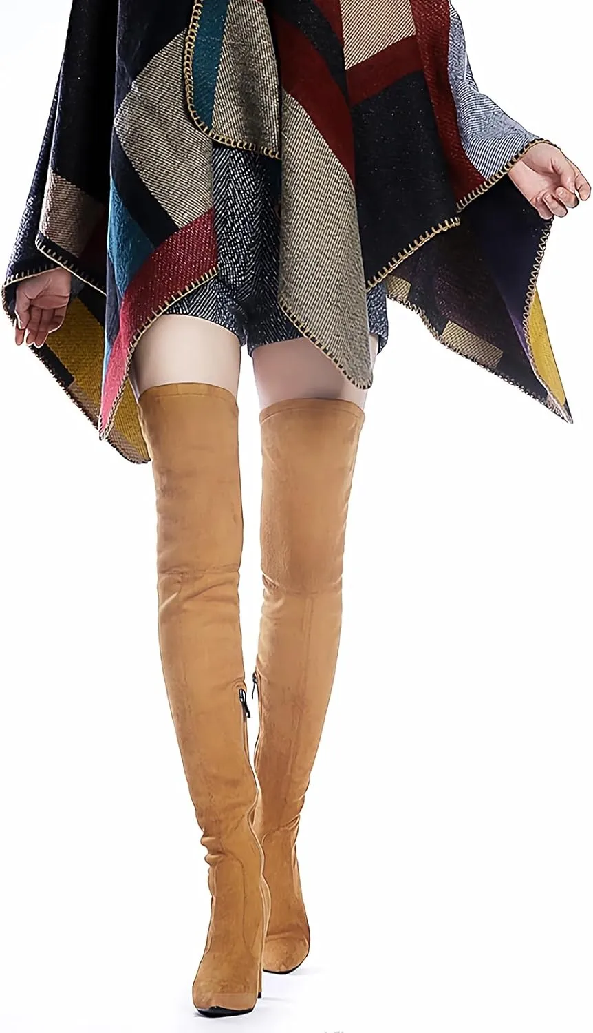 Shoe'N Tale Women Stretch Suede Chunky Heel Over The Knee Boots Thigh High for Women