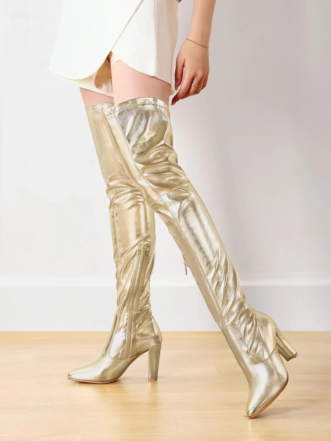 Shoe'N Tale Women Stretch Suede Chunky Heel Over The Knee Boots Thigh High for Women