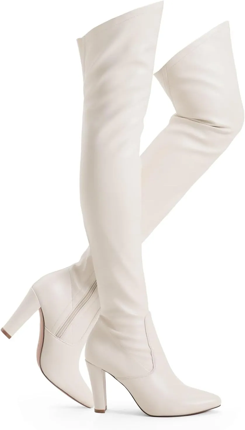 Shoe'N Tale Women Stretch Suede Chunky Heel Over The Knee Boots Thigh High for Women