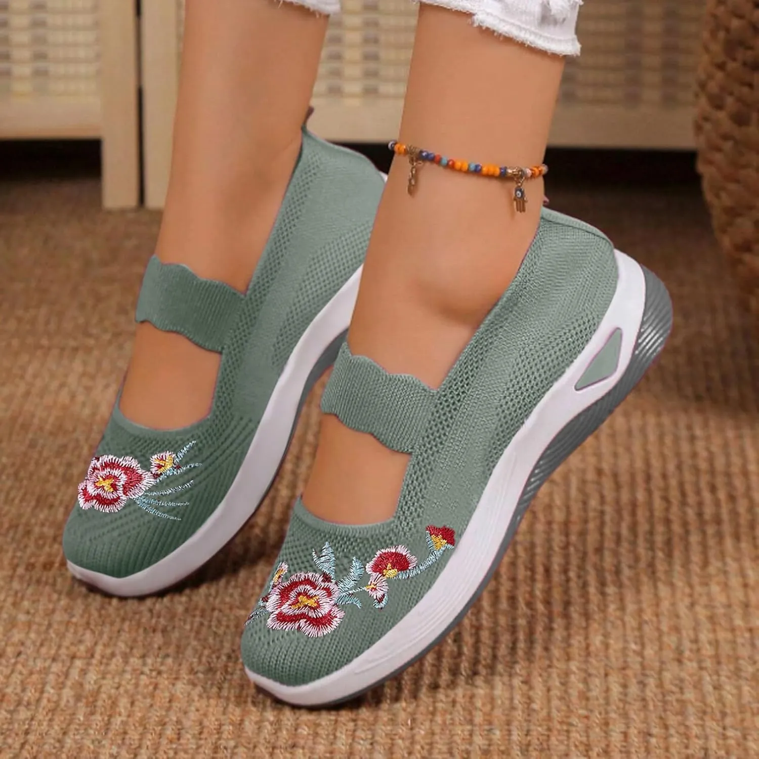 Slip On Shoes for Women Fashion Printed Labor Work Shoes Hook and Loop Strap Walking Shoes Arch Support Shoes