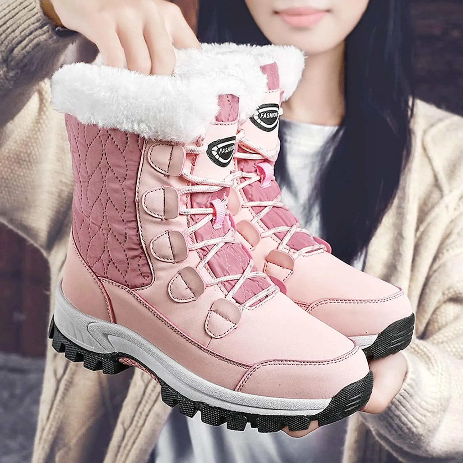 Snow Boots For Women Waterproof Ankle Boots for Women Warm Round Toe Leather Lace Up Flat Heel Women's Long Boots