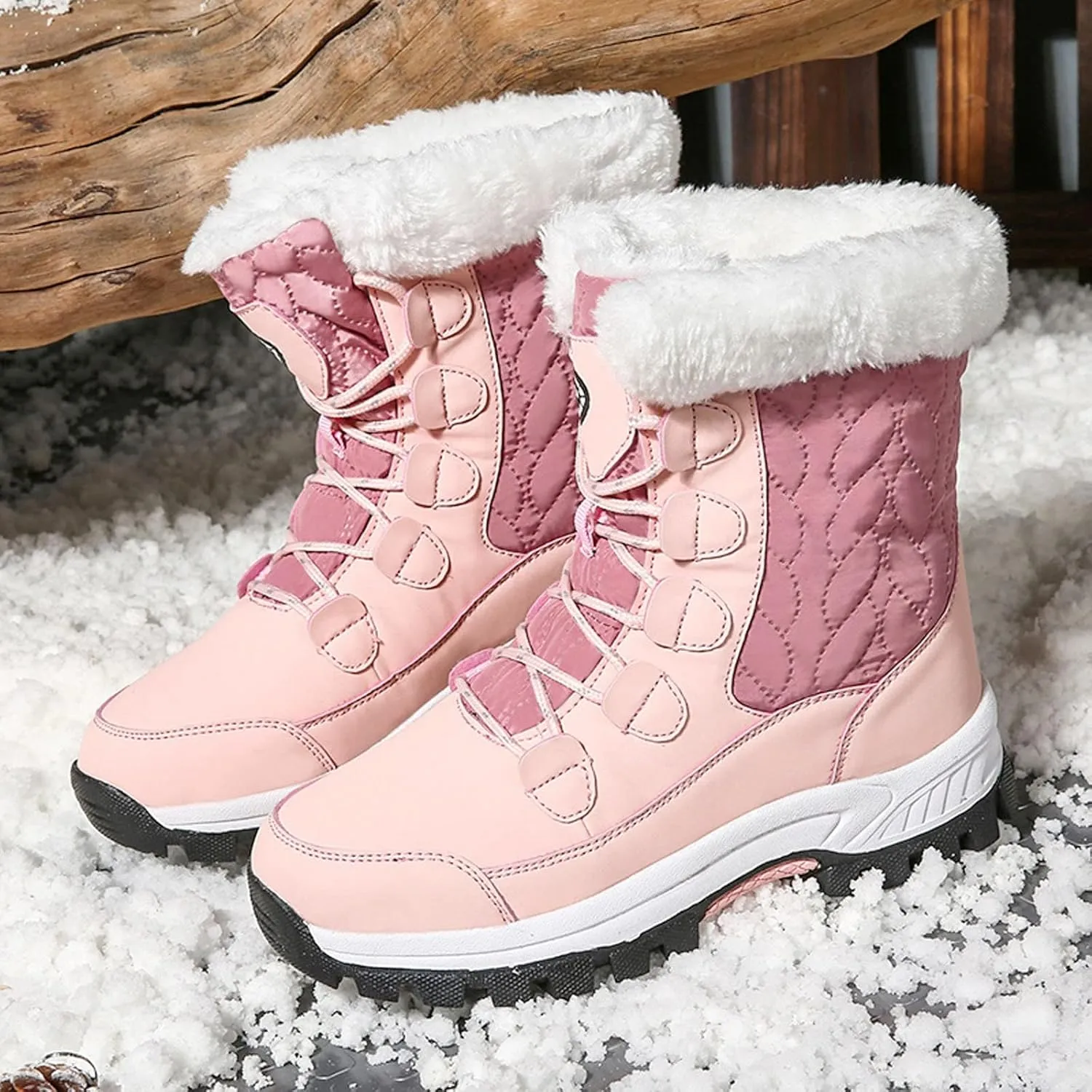 Snow Boots For Women Waterproof Ankle Boots for Women Warm Round Toe Leather Lace Up Flat Heel Women's Long Boots