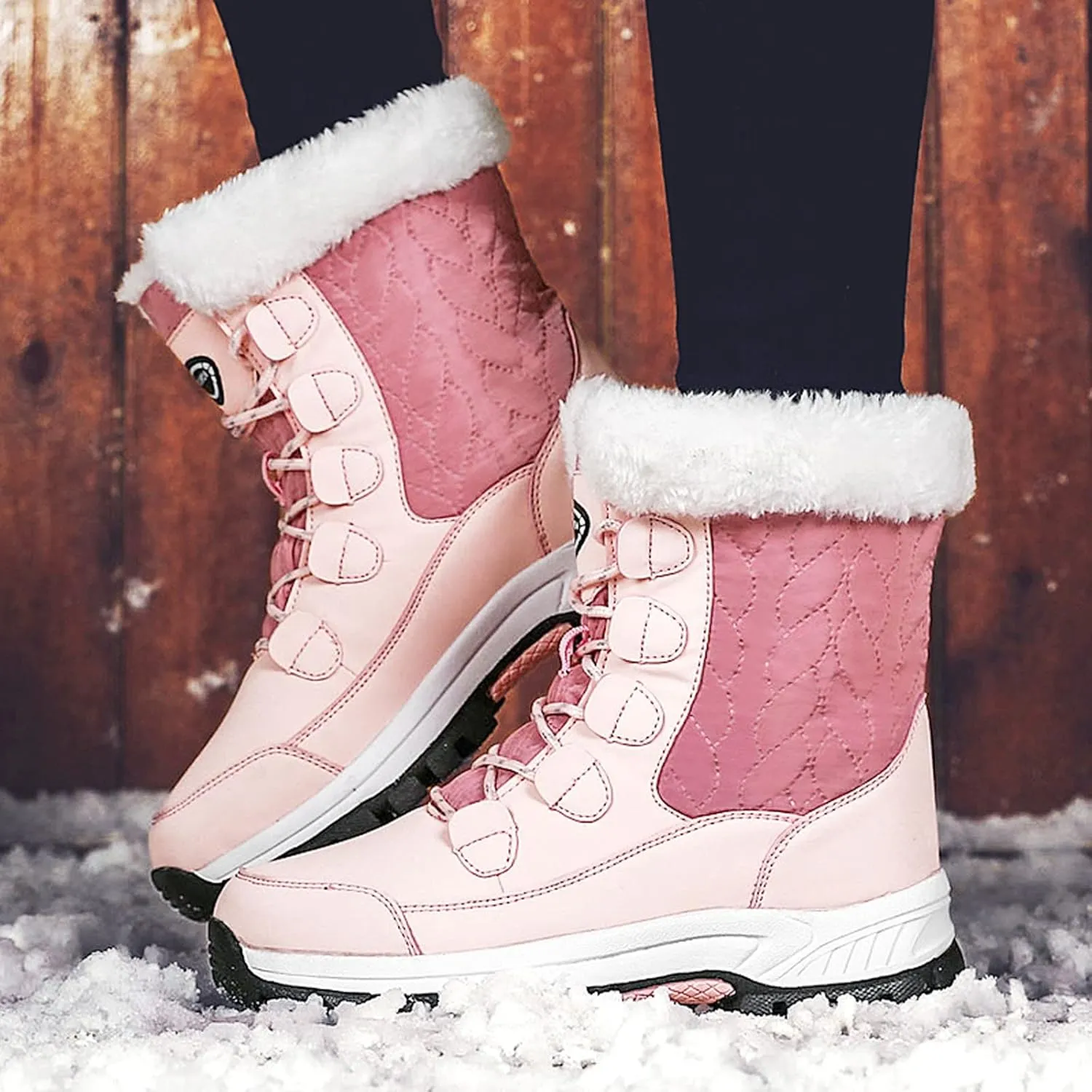 Snow Boots For Women Waterproof Ankle Boots for Women Warm Round Toe Leather Lace Up Flat Heel Women's Long Boots