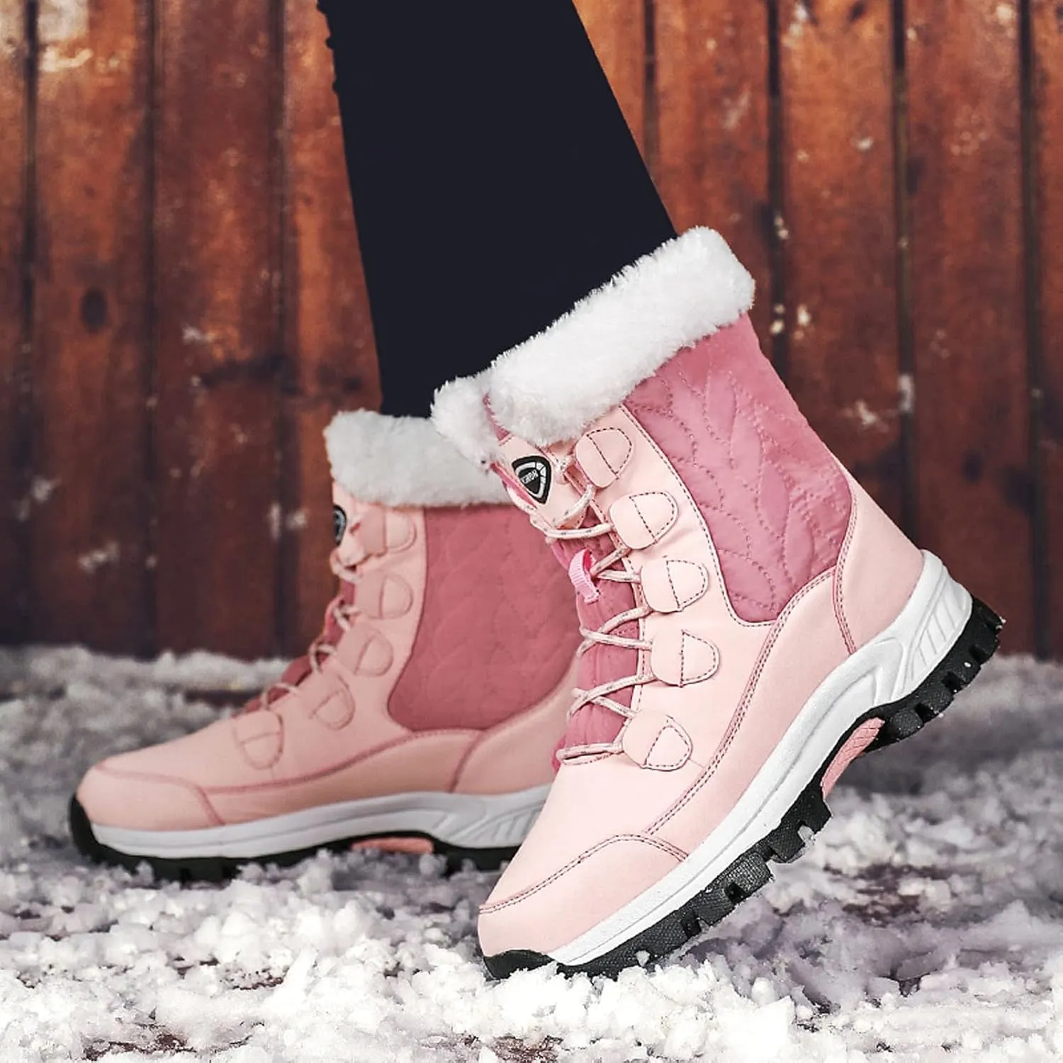 Snow Boots For Women Waterproof Ankle Boots for Women Warm Round Toe Leather Lace Up Flat Heel Women's Long Boots