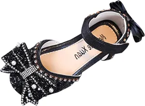 Spring Autumn New Children Girls Flat Pearl Crystal Shoes Bow Princess Shoes PU Leather Solid Color Girls Casual Shoes Size 4 Baby Girl Sandals (Black, 25 Toddler)