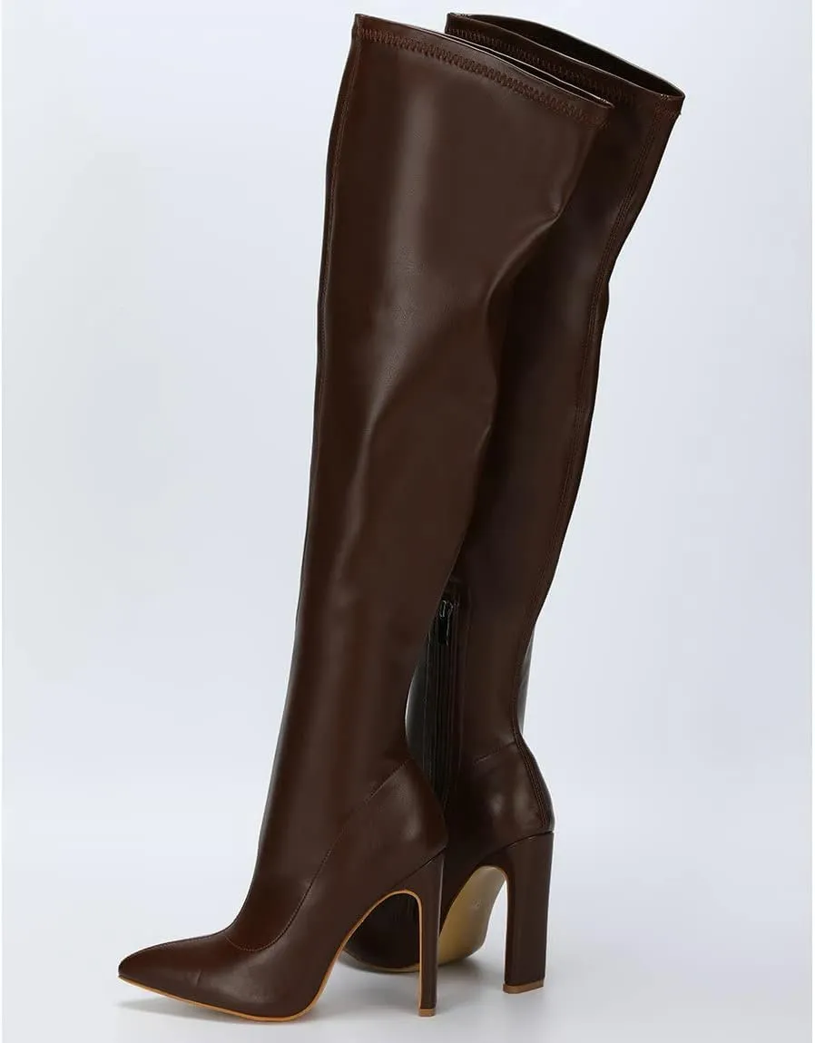 Trendenzy Womens Chunky Heel Pointed Toe Thigh High Over The Knee Boots