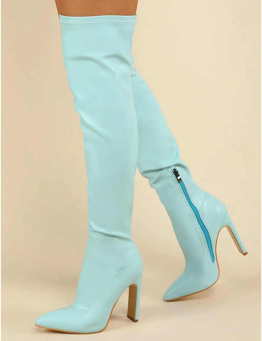 Trendenzy Womens Chunky Heel Pointed Toe Thigh High Over The Knee Boots