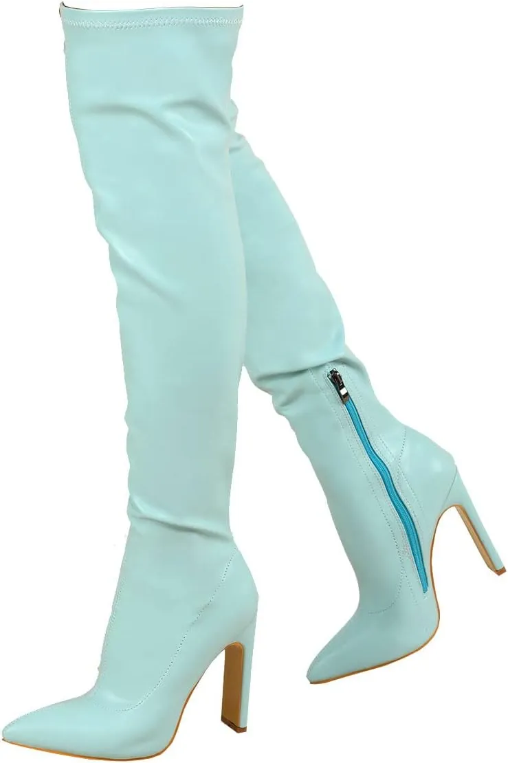 Trendenzy Womens Chunky Heel Pointed Toe Thigh High Over The Knee Boots