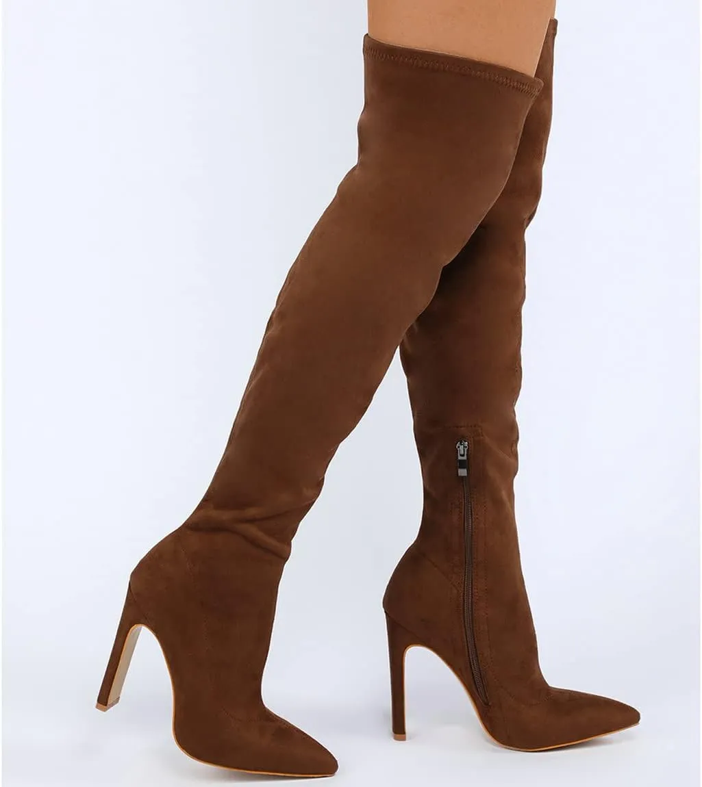 Trendenzy Womens Chunky Heel Pointed Toe Thigh High Over The Knee Boots