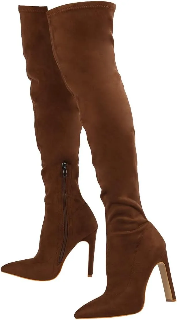 Trendenzy Womens Chunky Heel Pointed Toe Thigh High Over The Knee Boots