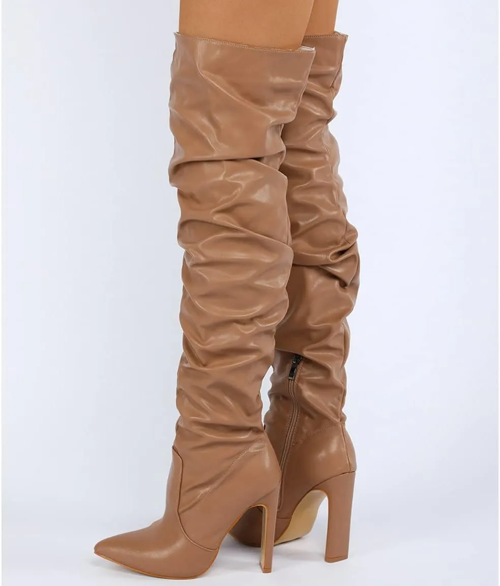 Trendenzy Womens Chunky Heel Pointed Toe Thigh High Over The Knee Boots
