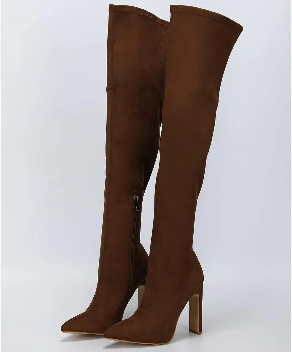 Trendenzy Womens Chunky Heel Pointed Toe Thigh High Over The Knee Boots