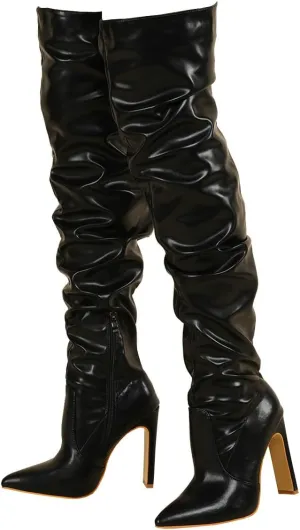 Trendenzy Womens Chunky Heel Pointed Toe Thigh High Over The Knee Boots