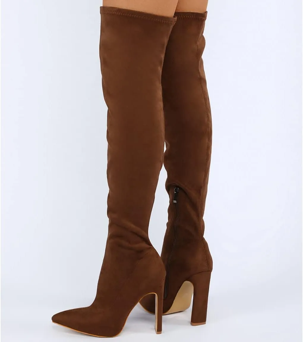 Trendenzy Womens Chunky Heel Pointed Toe Thigh High Over The Knee Boots