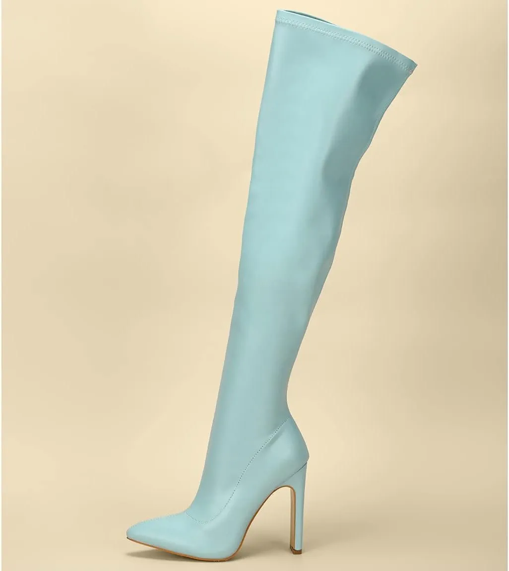 Trendenzy Womens Chunky Heel Pointed Toe Thigh High Over The Knee Boots