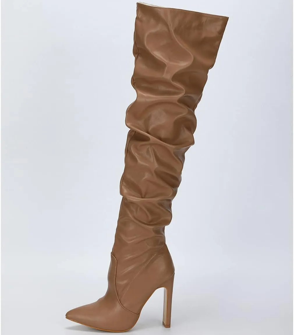 Trendenzy Womens Chunky Heel Pointed Toe Thigh High Over The Knee Boots