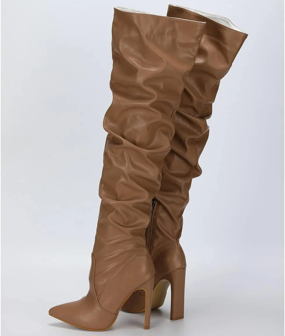 Trendenzy Womens Chunky Heel Pointed Toe Thigh High Over The Knee Boots