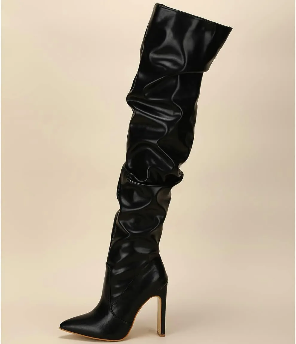 Trendenzy Womens Chunky Heel Pointed Toe Thigh High Over The Knee Boots