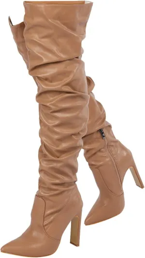 Trendenzy Womens Chunky Heel Pointed Toe Thigh High Over The Knee Boots