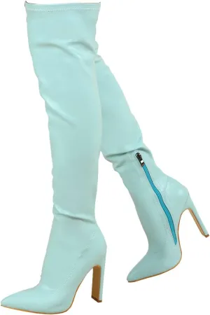 Trendenzy Womens Chunky Heel Pointed Toe Thigh High Over The Knee Boots