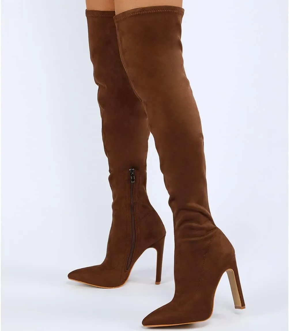 Trendenzy Womens Chunky Heel Pointed Toe Thigh High Over The Knee Boots