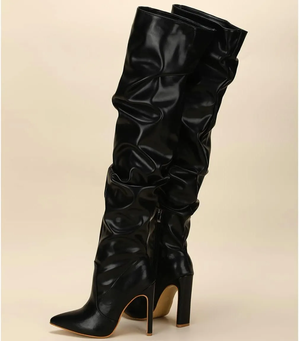 Trendenzy Womens Chunky Heel Pointed Toe Thigh High Over The Knee Boots