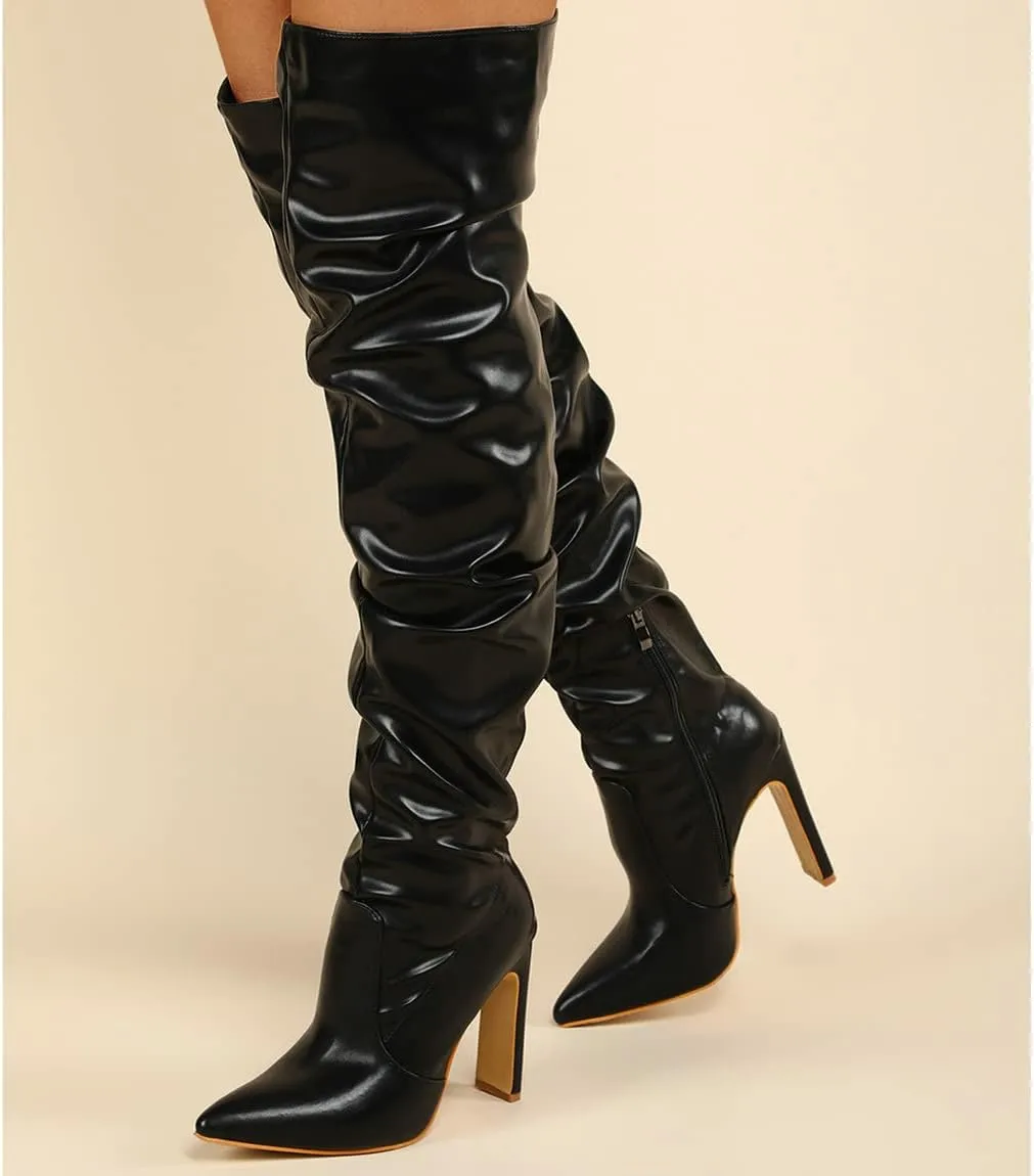 Trendenzy Womens Chunky Heel Pointed Toe Thigh High Over The Knee Boots