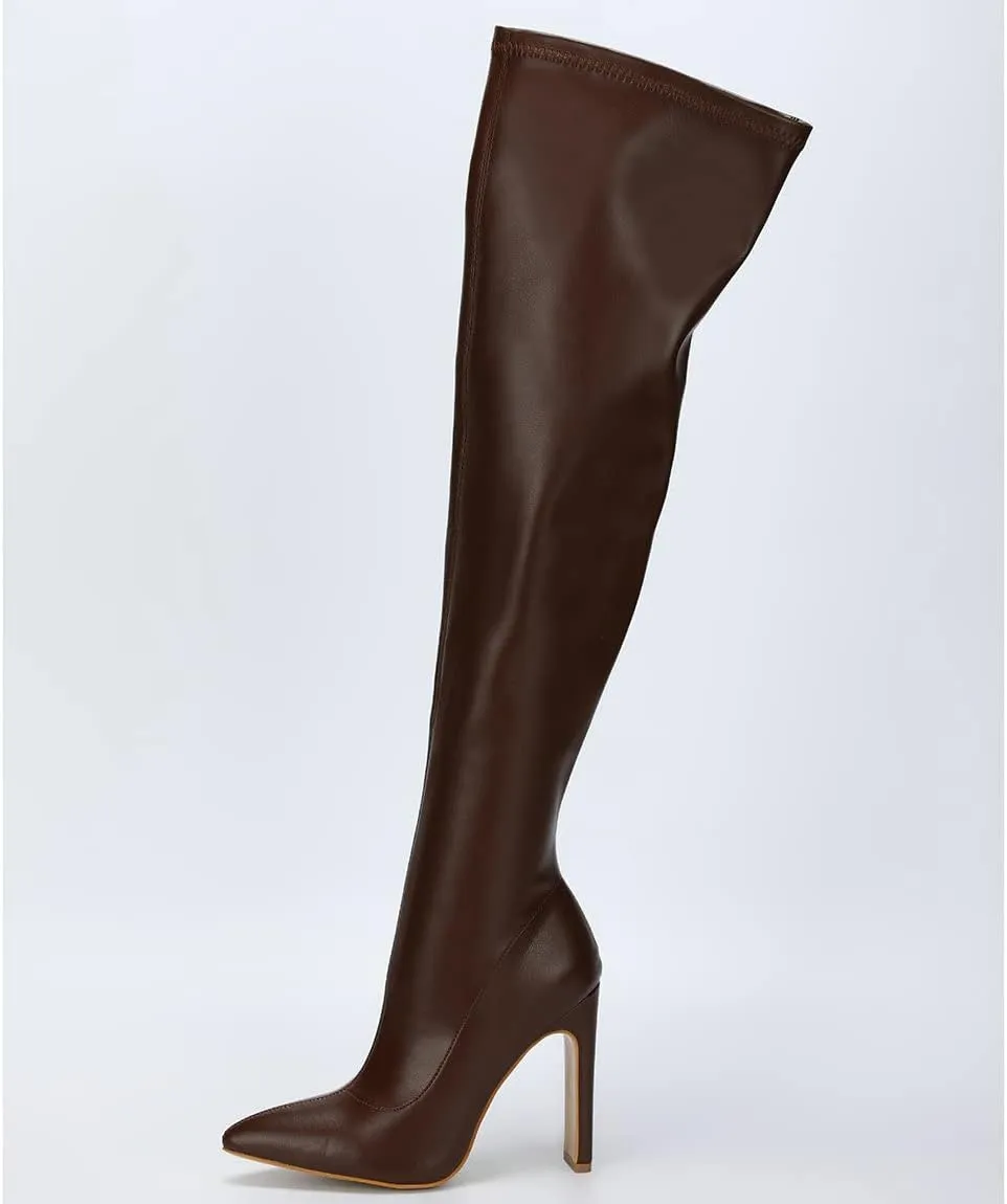 Trendenzy Womens Chunky Heel Pointed Toe Thigh High Over The Knee Boots