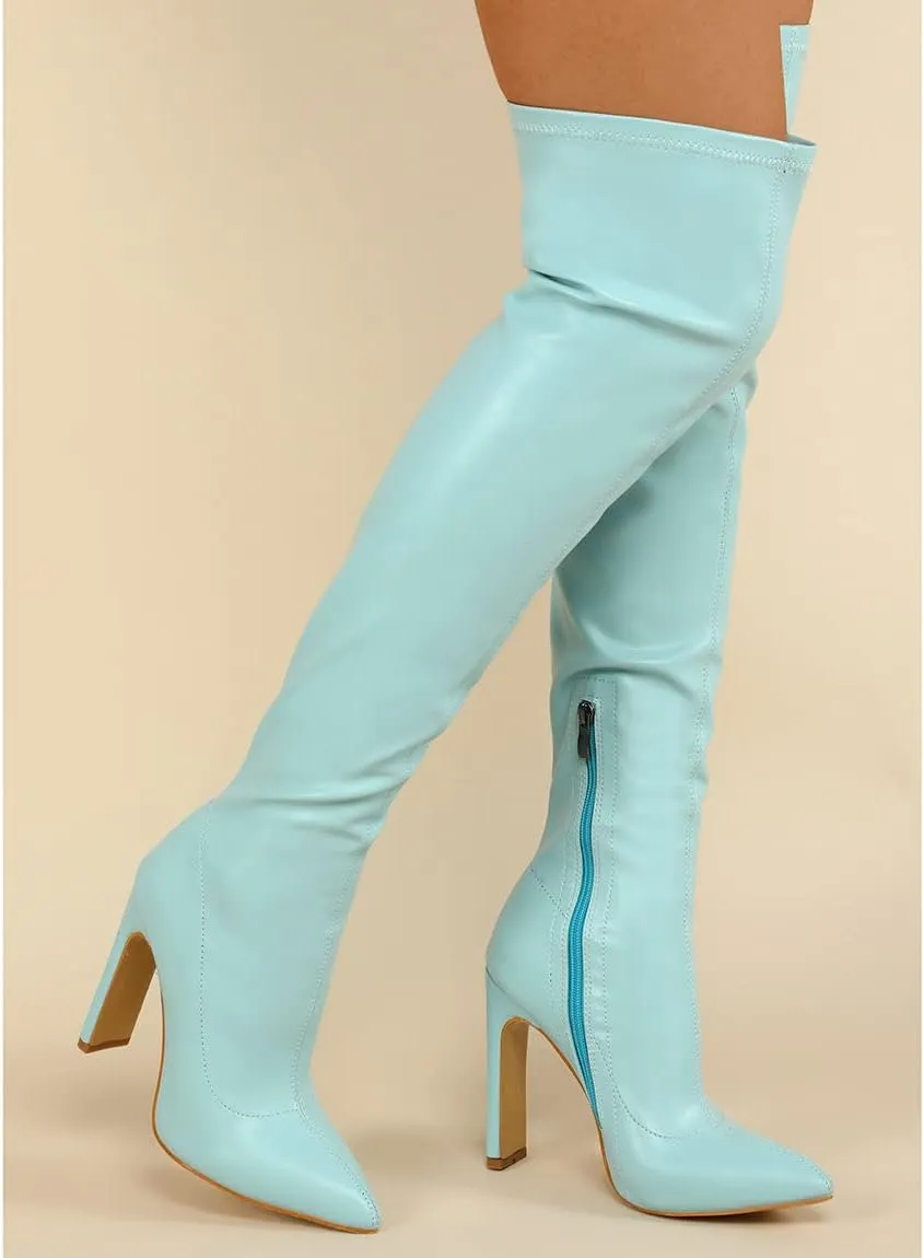 Trendenzy Womens Chunky Heel Pointed Toe Thigh High Over The Knee Boots