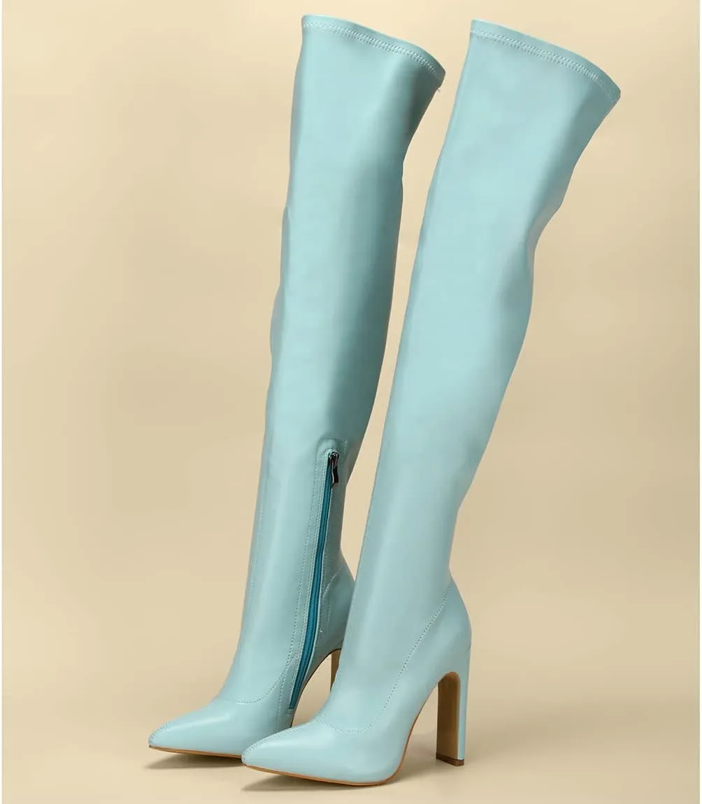 Trendenzy Womens Chunky Heel Pointed Toe Thigh High Over The Knee Boots